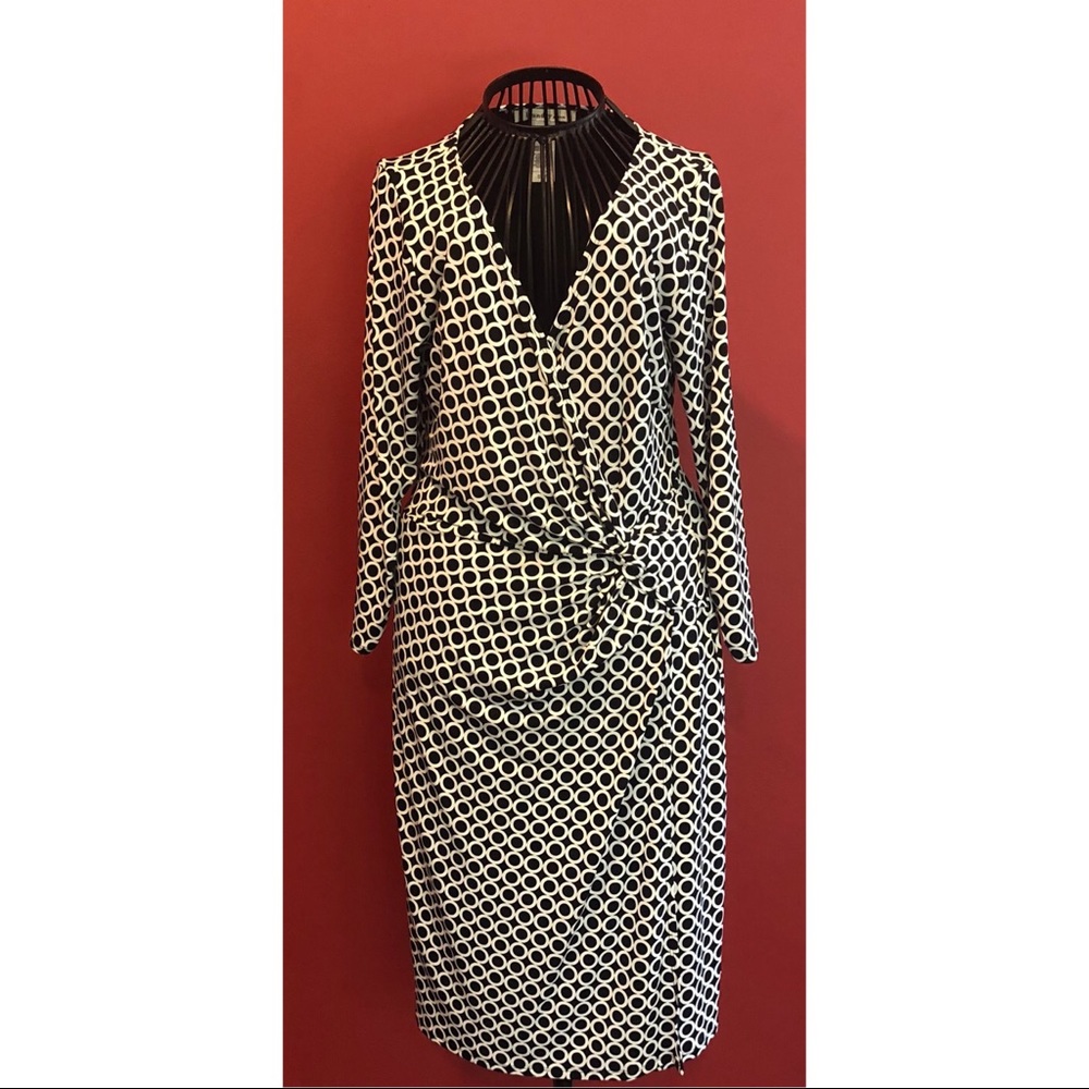 Black & white geometric “Laundry” faux wrap dress